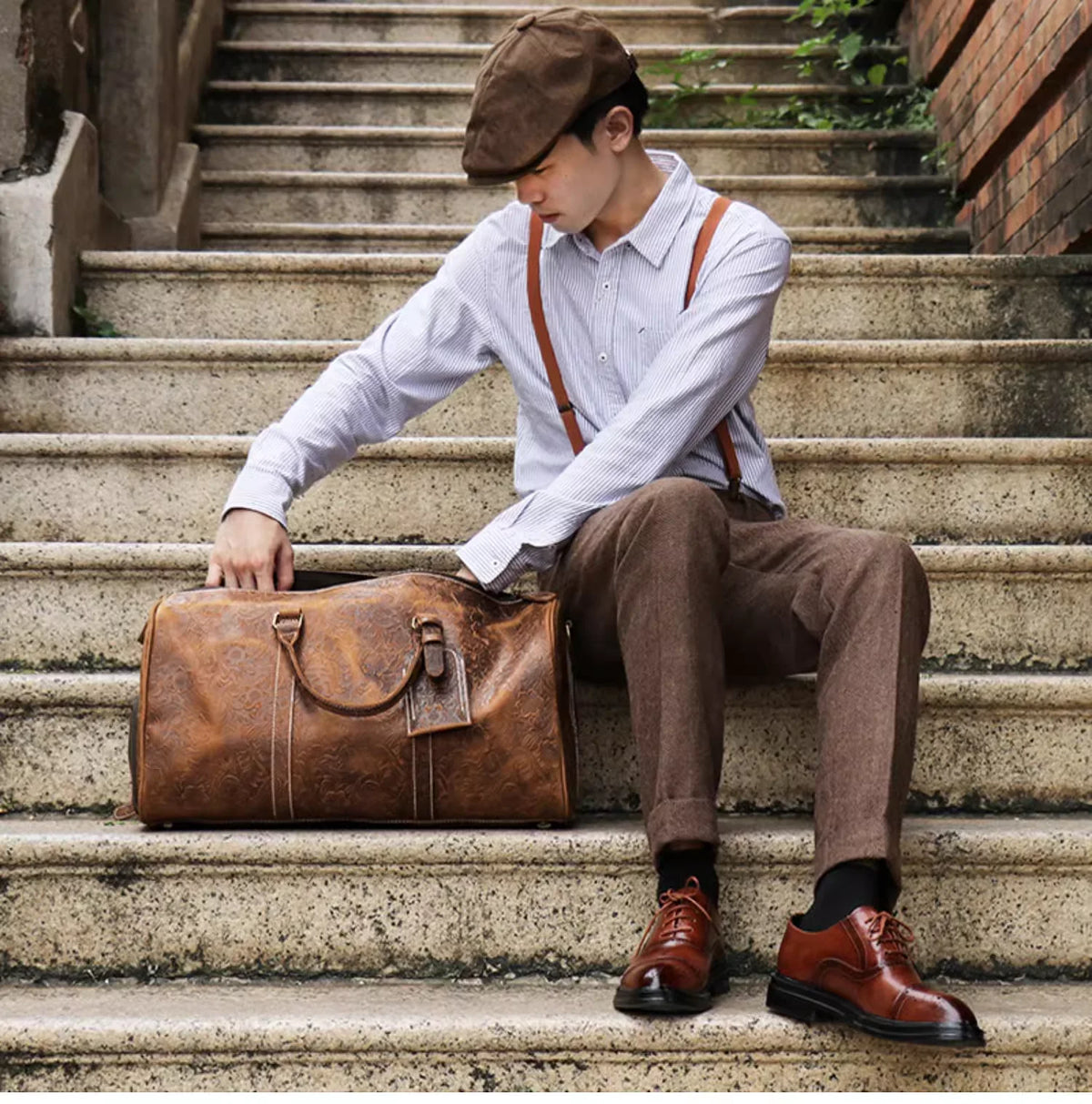 Vintage Embossed Leather Travel Duffle Bag