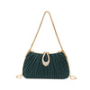 A dark teal pleated evening clutch with a gold chain strap and a rhinestone pendant.