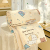 A cream-colored lightweight summer comforter with a panda print featuring cute illustrations and lace trim.