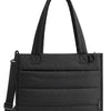 Black multi-functional boxy tote bag with a handle and shoulder strap