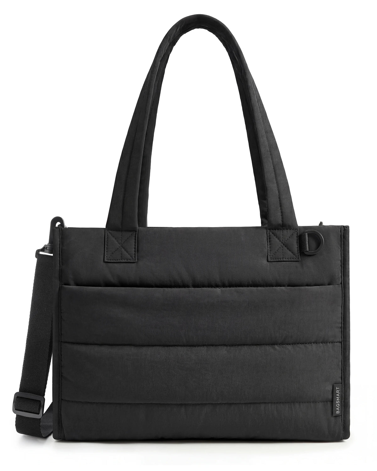 Black multi-functional boxy tote bag with a handle and shoulder strap