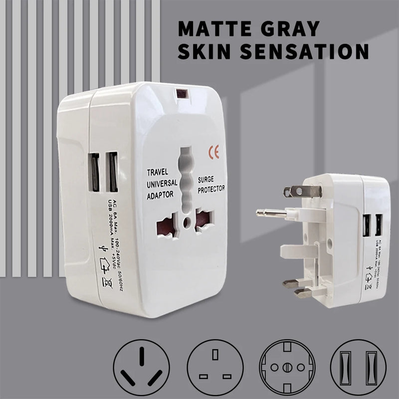 Weltweit kompatibler Reiseadapter mit zwei USB-Anschlüssen