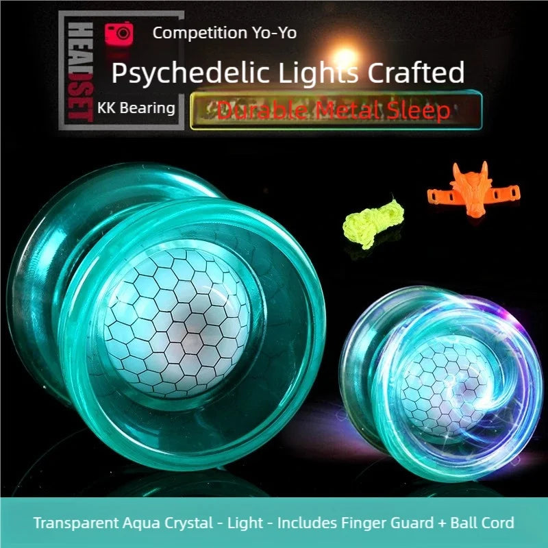 Transparent aqua crystal yo-yo with a smooth spin and anti-drop design featuring a finger guard and ball cord