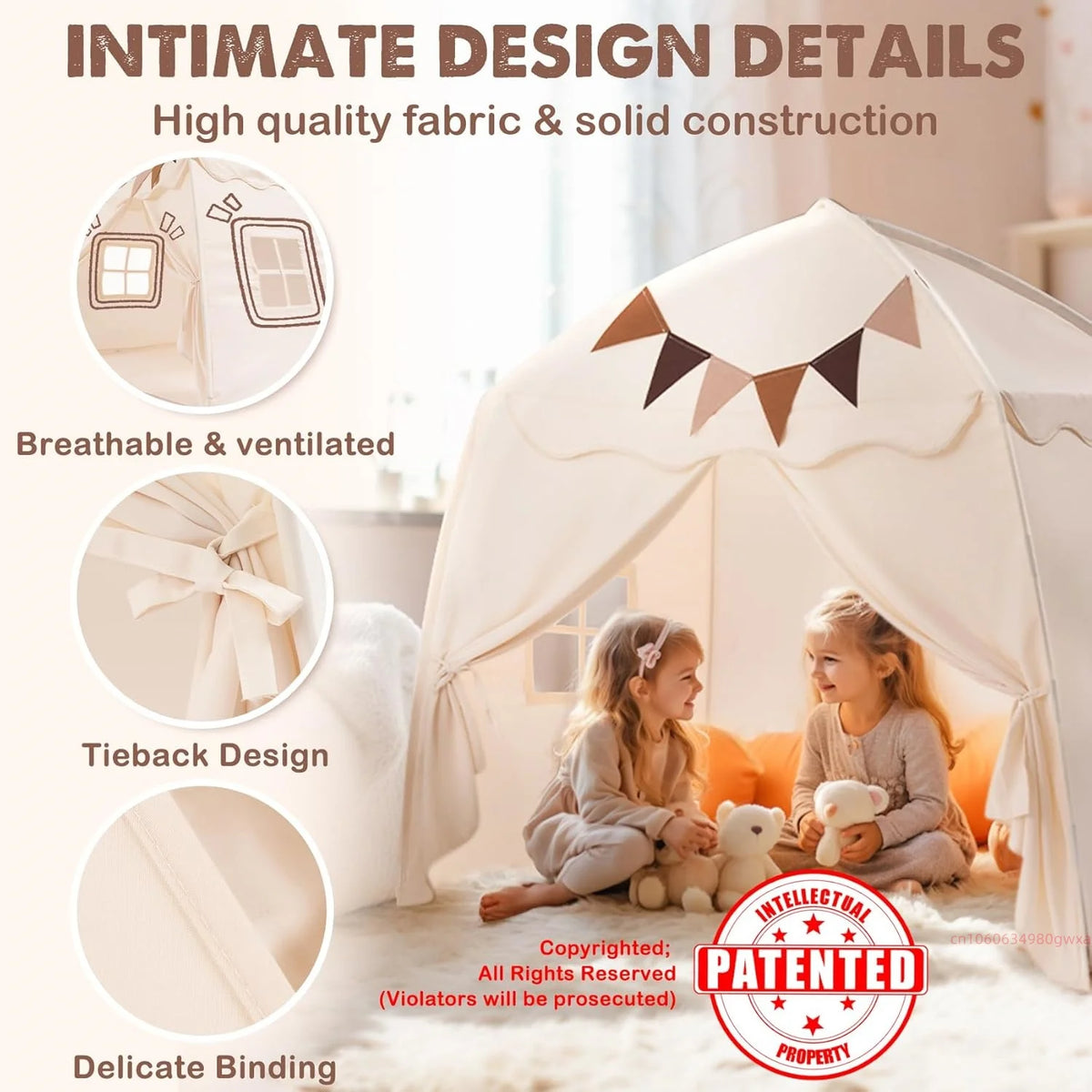 Close-up of a beige teepee play tent showing design details like fabric construction, tieback, and delicate binding.