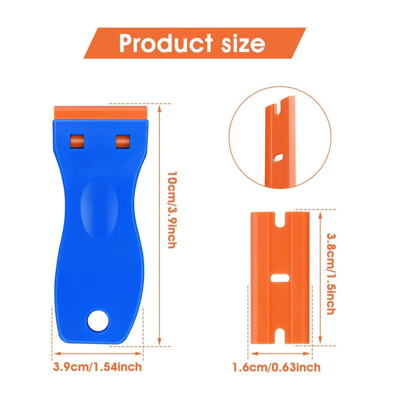 Blue plastic razor blade scraper with orange replaceable blades shown in size comparison.