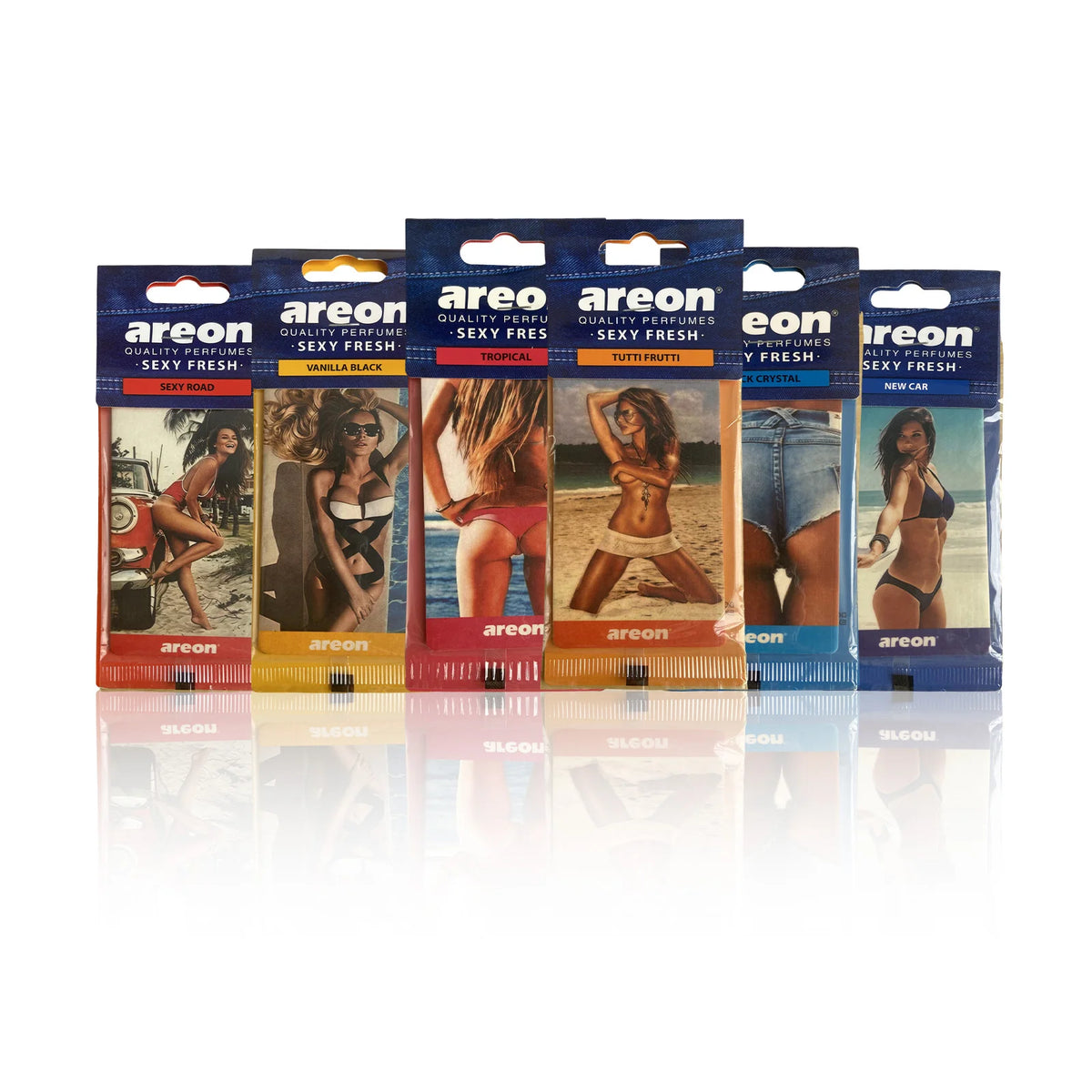 A collection of six aerosol car air fresheners with various scents like Sexy Fresh, Tropical, and Vanilla, packaged in colorf