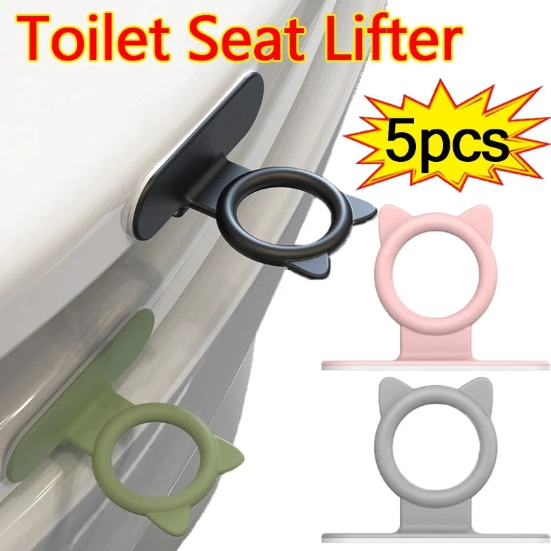 Five silicone toilet seat lifters with self-adhesive hooks shown in various colors and angles.