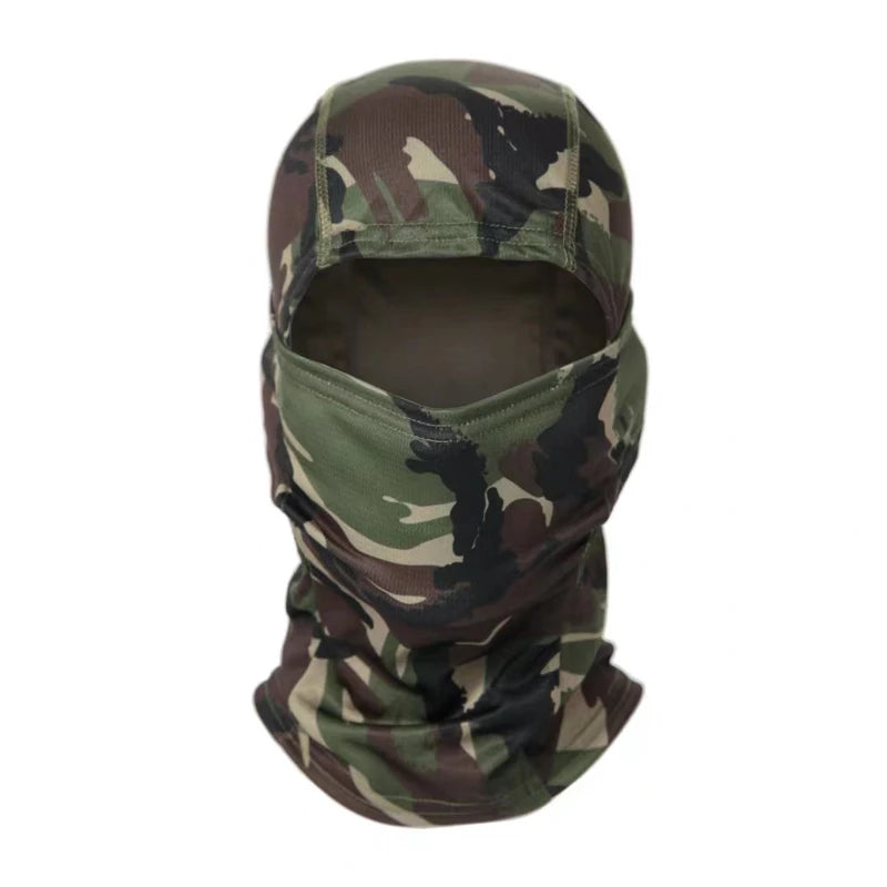 A camouflage balaclava cap worn on a person's head.