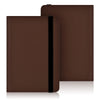 A brown leather-like e-reader case with a black strap, shown in a closed book format.