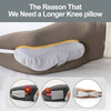 Almohada ergonómica gris para la rodilla, usada para dormir de lado, con primeros planos de su diseño.