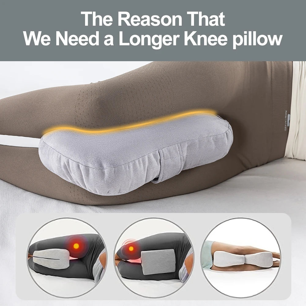 Almohada ergonómica gris para la rodilla, usada para dormir de lado, con primeros planos de su diseño.