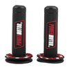 A pair of black motorcycle handlebar grips with red accents and vibration dampening features.