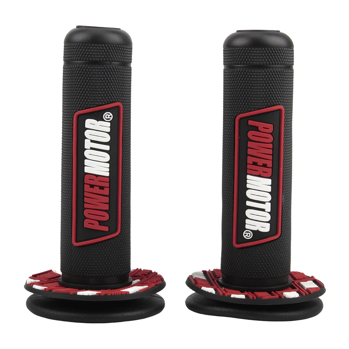 A pair of black motorcycle handlebar grips with red accents and vibration dampening features.