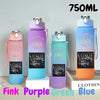 A set of five 750ml portable sports water bottles in pink, purple, green, and blue colors displayed on a white surface.