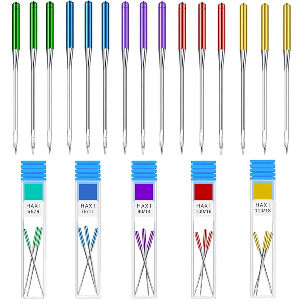 A set of 12 anti-jump sewing machine needles in various colors and sizes for stretch fabric.