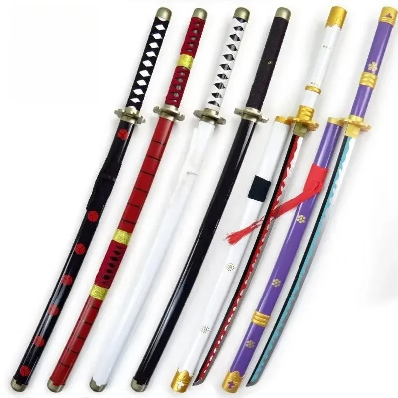 A collection of nine cosplay swords resembling Roronoa Zoro's katana, featuring various colored hilts and blades.