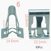 A set of six metal trim panel fastener clips, measuring 14.5mm wide and 10.1mm high, shown alongside a larger clip measuring 