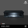 A black miniature garage diorama kit in 1:64 scale featuring a display shelf with internal lighting.