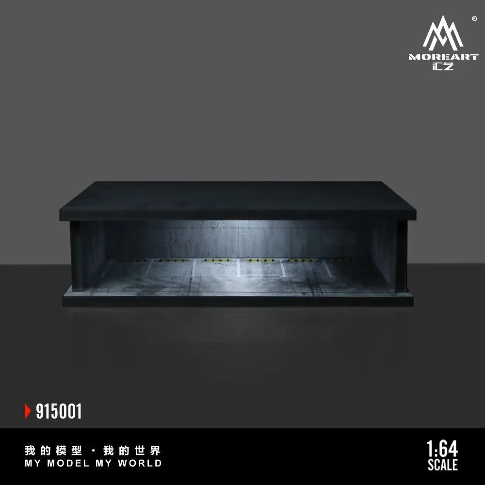 A black miniature garage diorama kit in 1:64 scale featuring a display shelf with internal lighting.