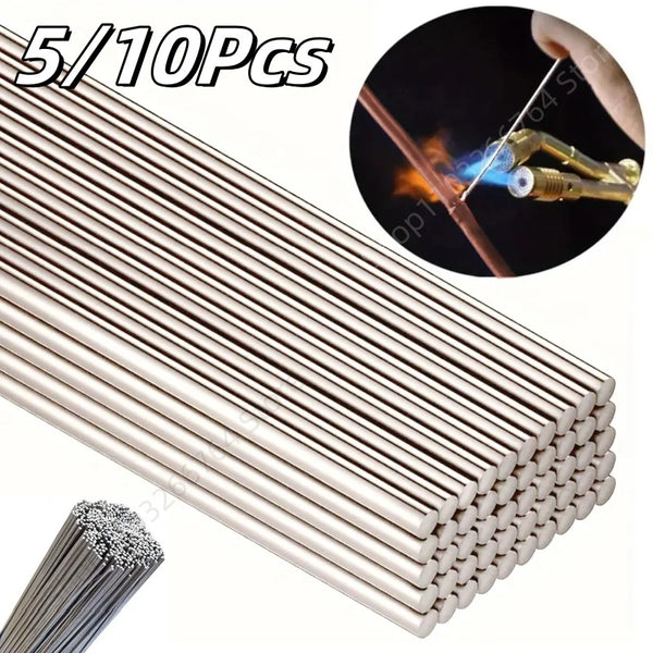 A bundle of precision aluminum welding rods is shown alongside a close-up of a welding flame.