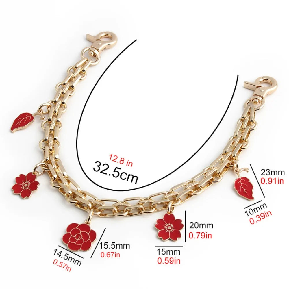 Gold metal chain strap with floral charms for handbags and purses