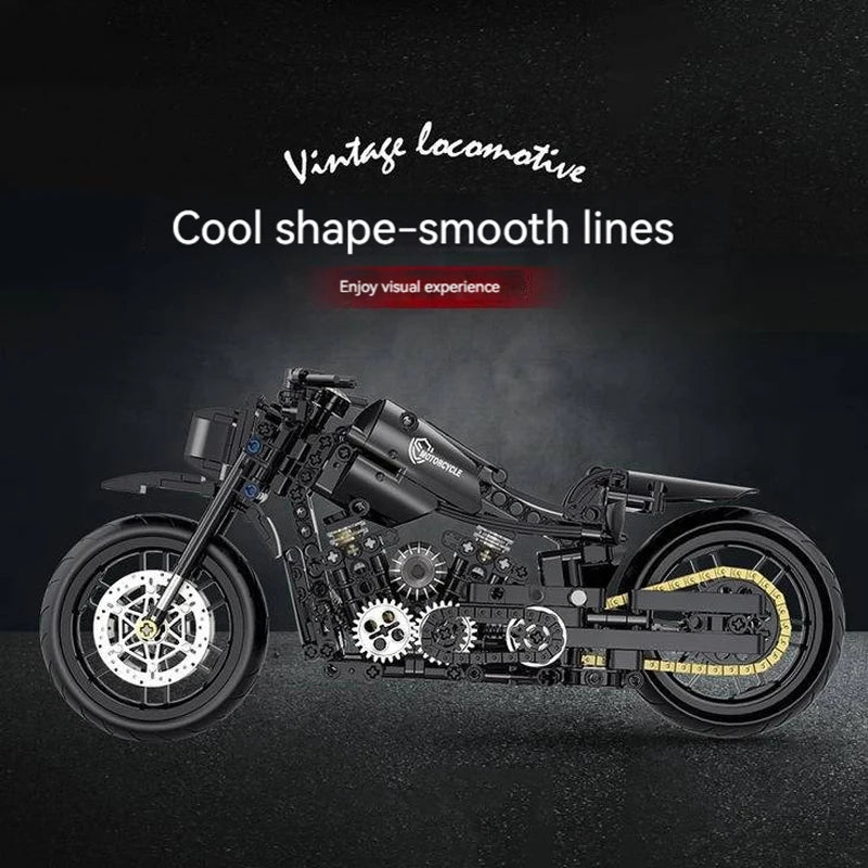 A detailed black vintage locomotive motorcycle model kit with smooth lines displayed against a dark background.