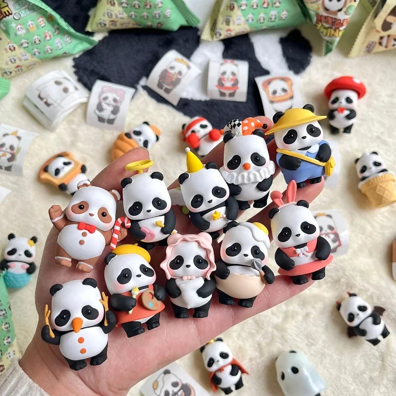 A hand holds a collection of blind box panda figures in various poses and colors against a white background.