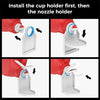 Instructions showing how to install a cup holder and then a nozzle holder onto a detergent bottle.