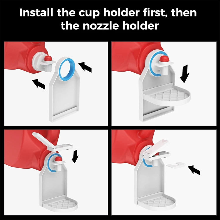 Instructions showing how to install a cup holder and then a nozzle holder onto a detergent bottle.