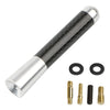 A silver and black carbon fiber short radio antenna with mounting hardware.