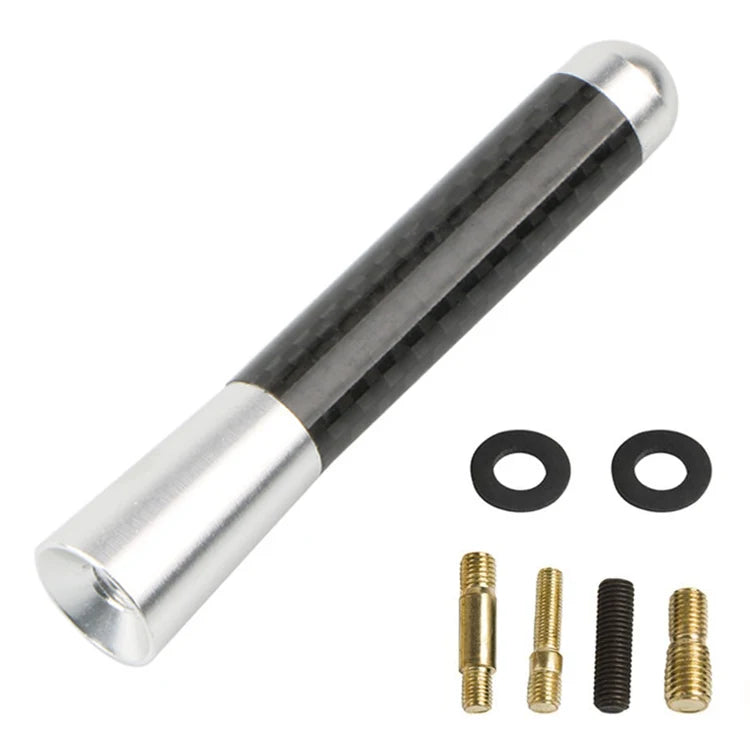 A silver and black carbon fiber short radio antenna with mounting hardware.