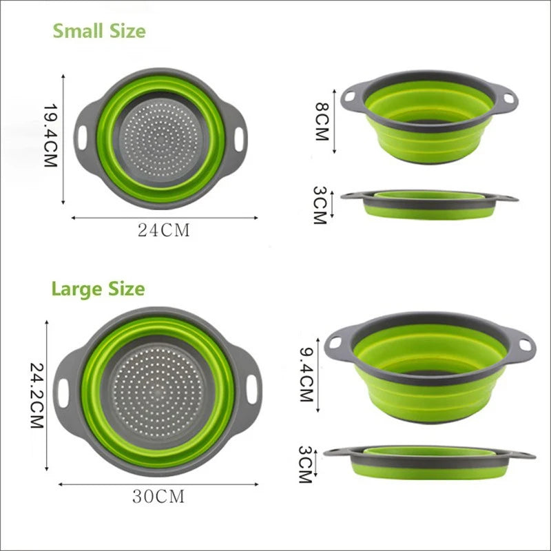 Deux tailles de paniers de drainage en silicone, petites et grandes avec des accents vert et gris.