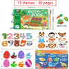 A colorful busy book with 15 themes and 30 pages for toddlers featuring various animals and objects.