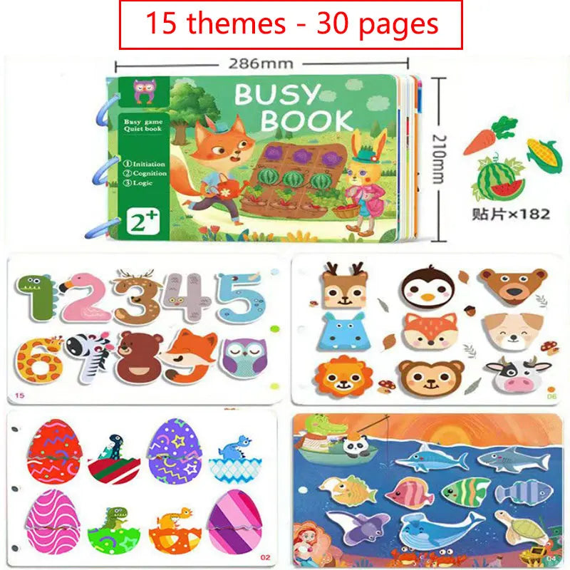 A colorful busy book with 15 themes and 30 pages for toddlers featuring various animals and objects.