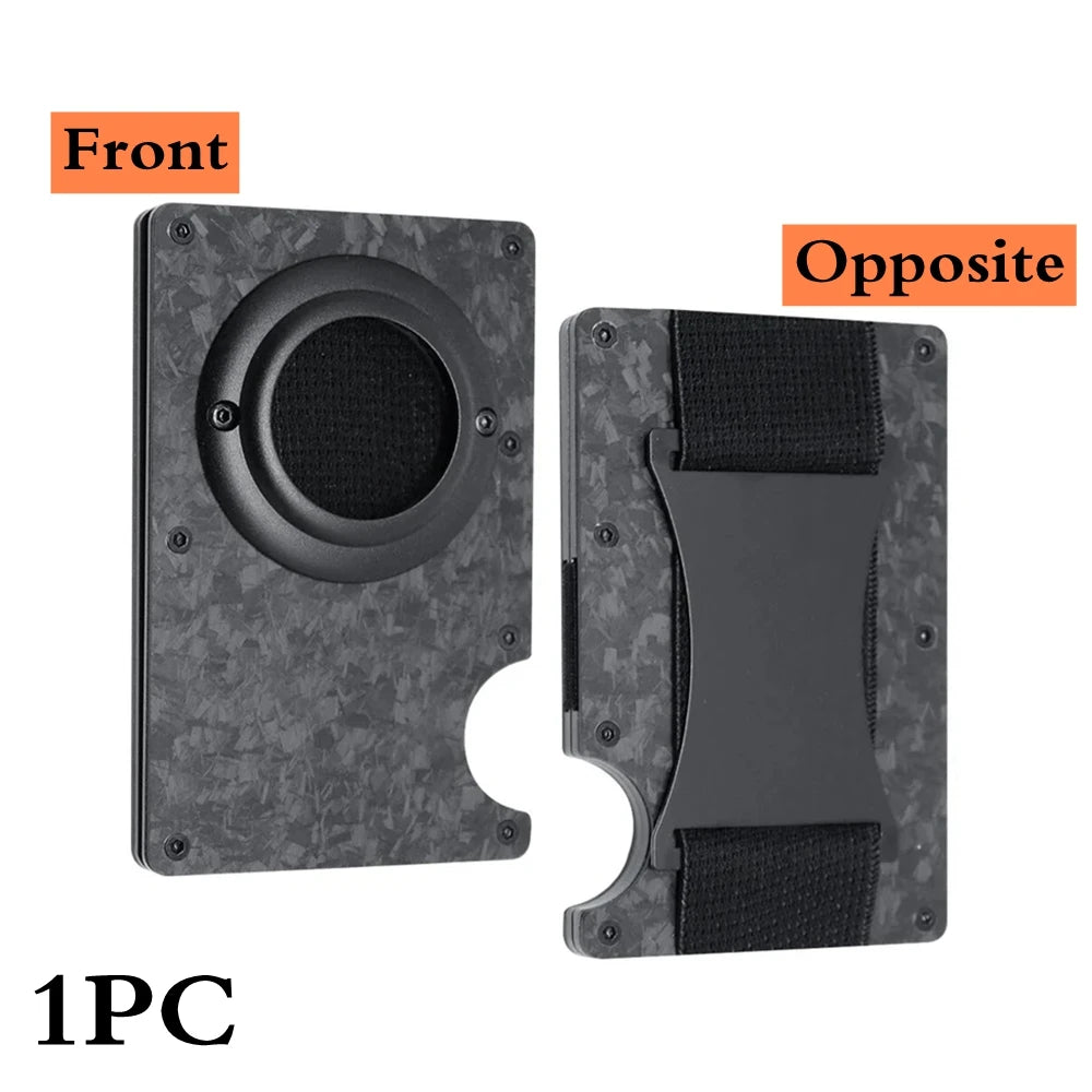 Vista frontal y opuesta de una cartera minimalista de aluminio con protección RFID