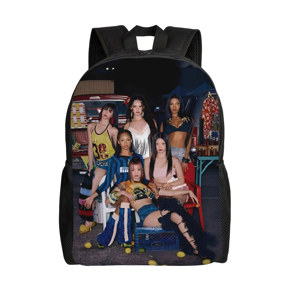 A black canvas backpack featuring a collage of women in various outfits and settings.