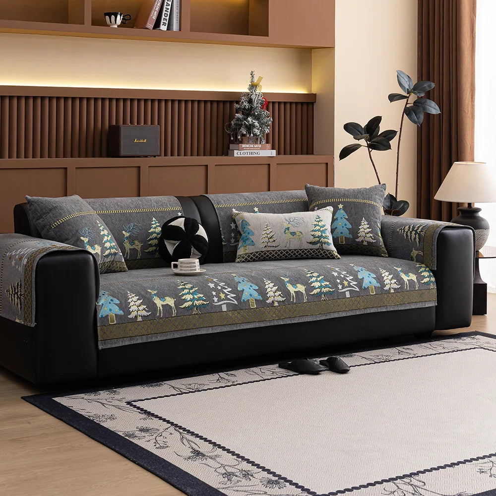 Festive Chenille Christmas Sofa Cover with Deer & Tree Pattern