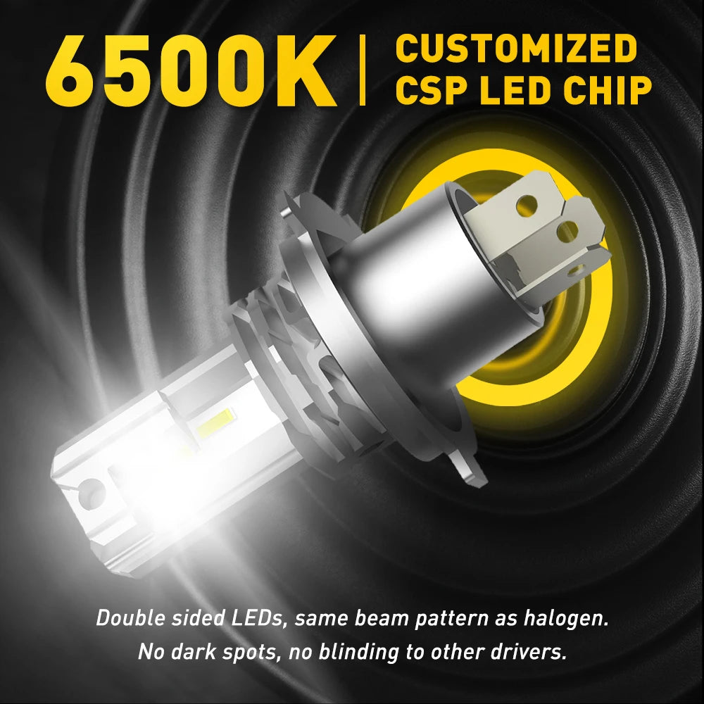 A close-up view of a 6500K customized CSP LED chip headlight bulb designed to mimic halogen performance.