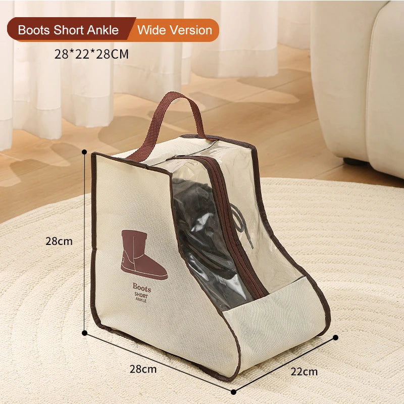 A beige waterproof boot storage bag with a handle is shown on a light rug.