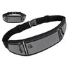 A black canvas waist pack or fanny pack with multiple zippered pockets shown in various views.