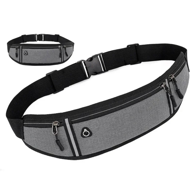 A black canvas waist pack or fanny pack with multiple zippered pockets shown in various views.