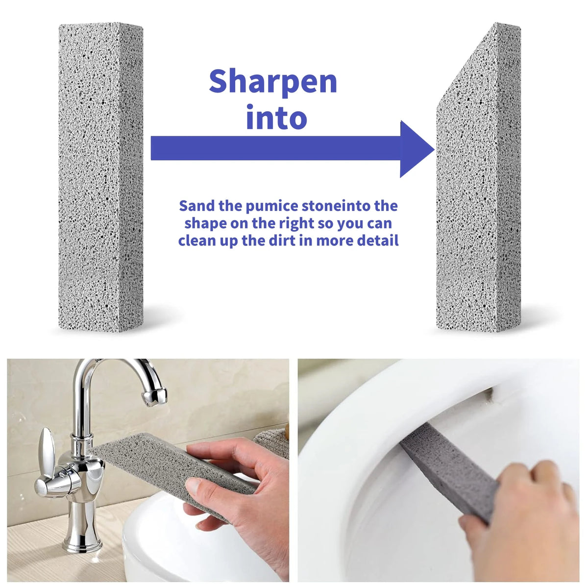 A natural pumice stone cleaning stick is shown being used to clean a toilet bowl.