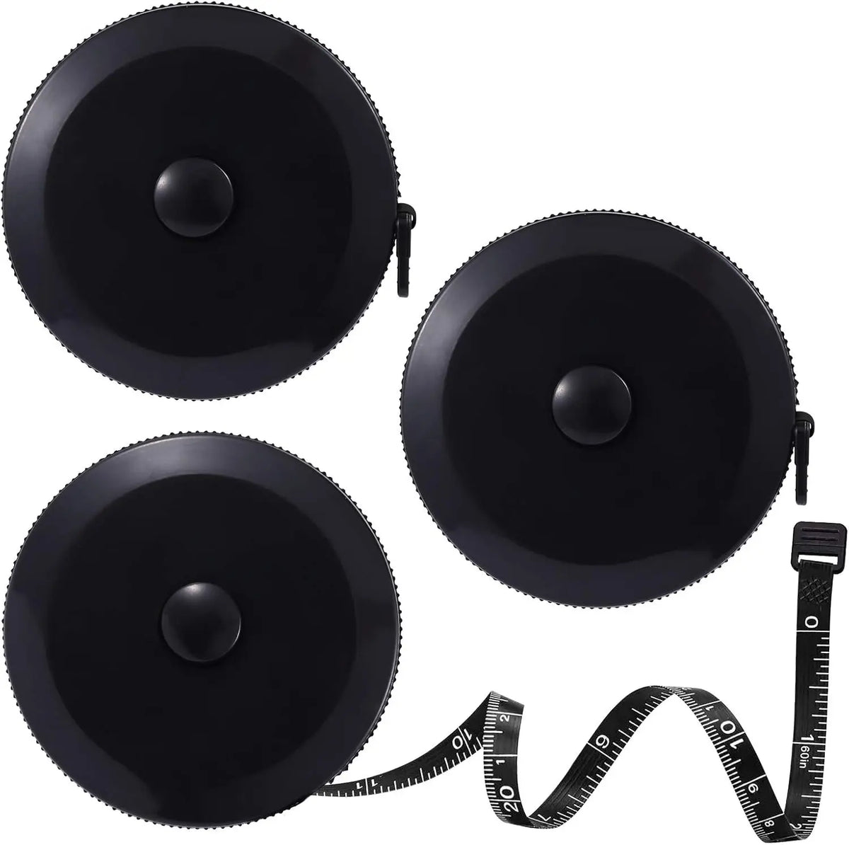 Black flexible soft tape measure with dual-sided markings and a coiled end.
