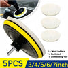 A set of 5 wool car polishing pads including a backing pad and connecting rod for automotive detailing.