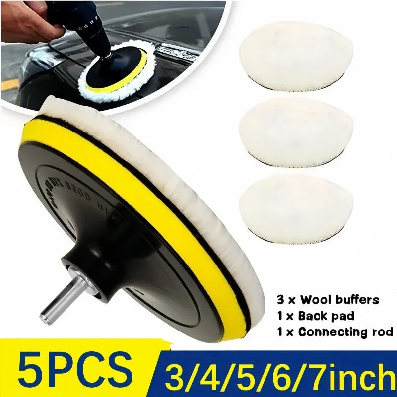 A set of 5 wool car polishing pads including a backing pad and connecting rod for automotive detailing.