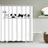 A white shower curtain featuring cute cartoon drawings of a fish, a cat, and two dogs.