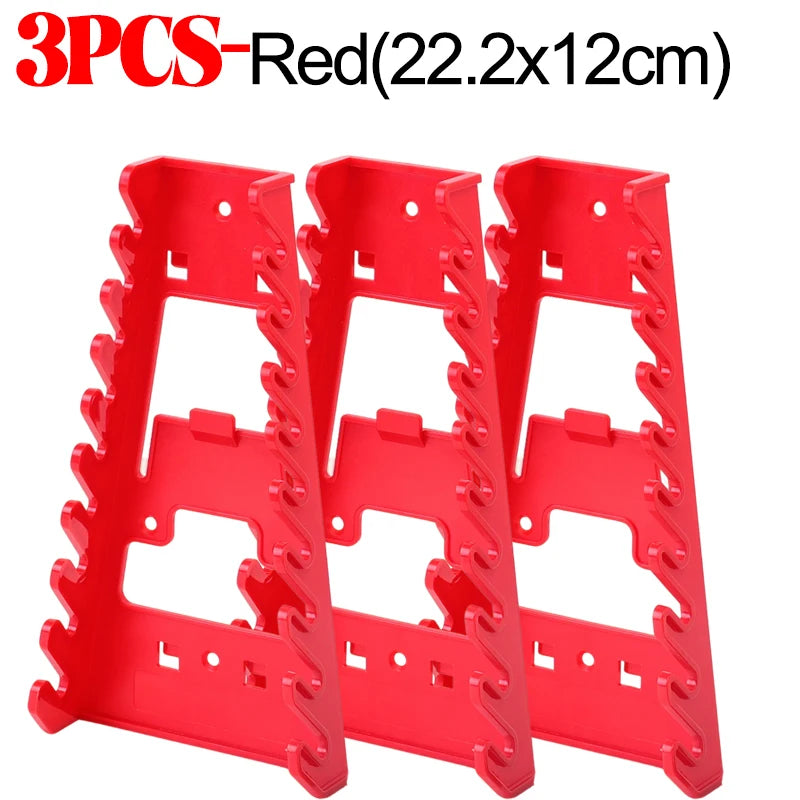 Three red heavy-duty ABS wrench organizer trays with multi-slot storage racks