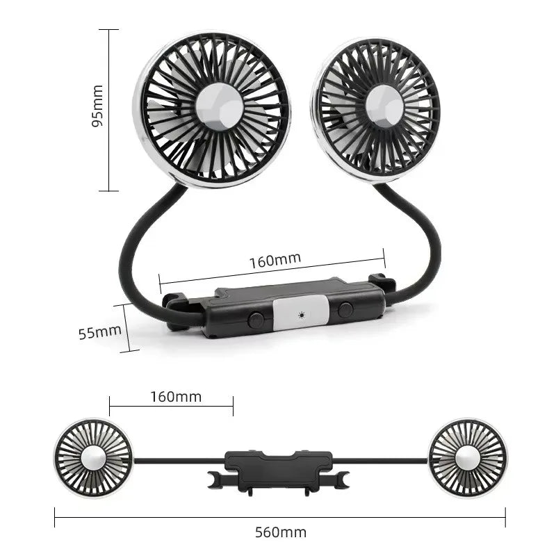 Dual-Head USB Car Fan with Adjustable LED Light
