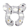 A gray baby head and neck support pillow featuring cute cat faces and clouds for car seat travel.
