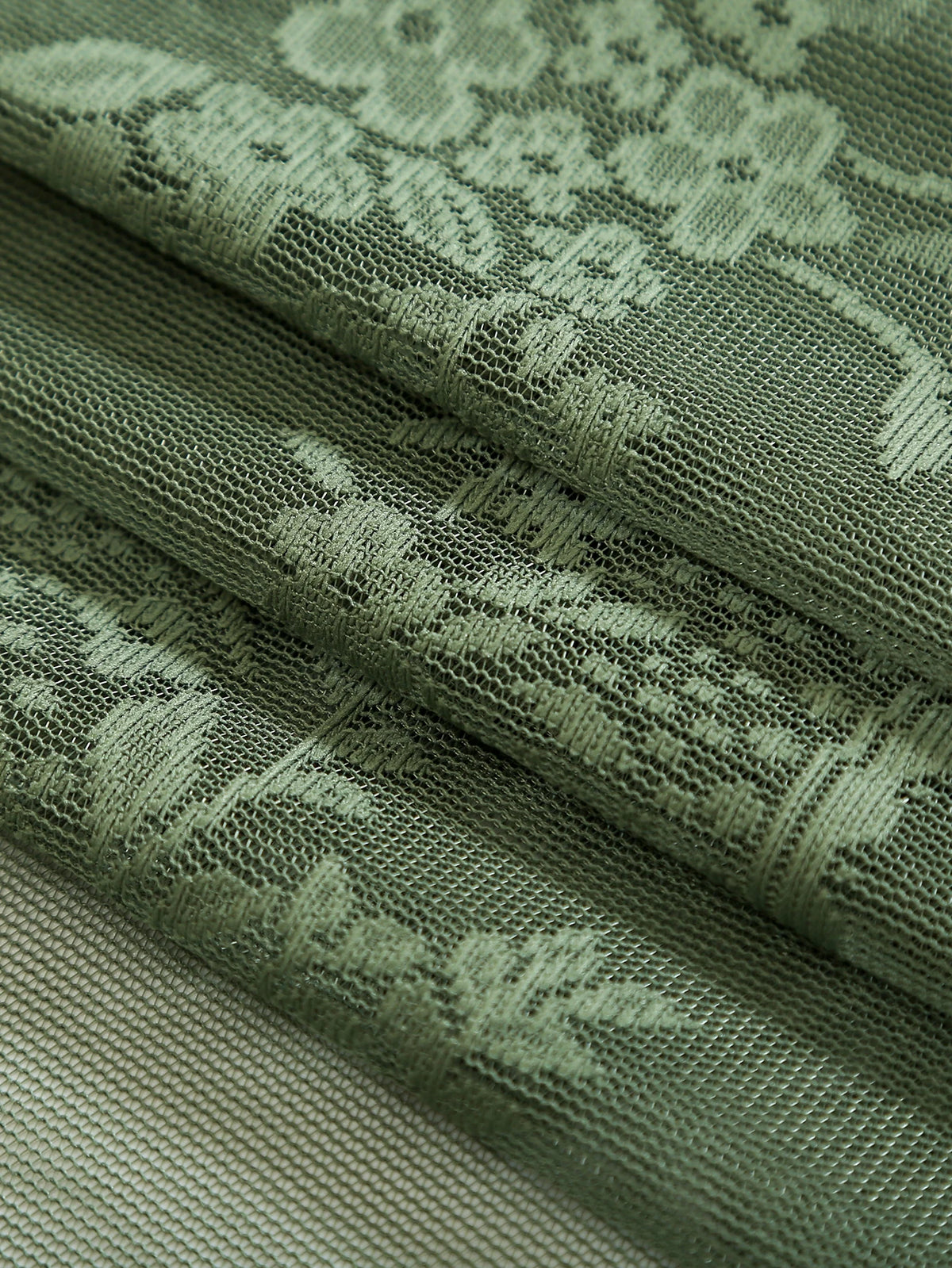 Green Lace Curtains 84 Inches Long, Boho Sheer Florals with Scallop Ruffle